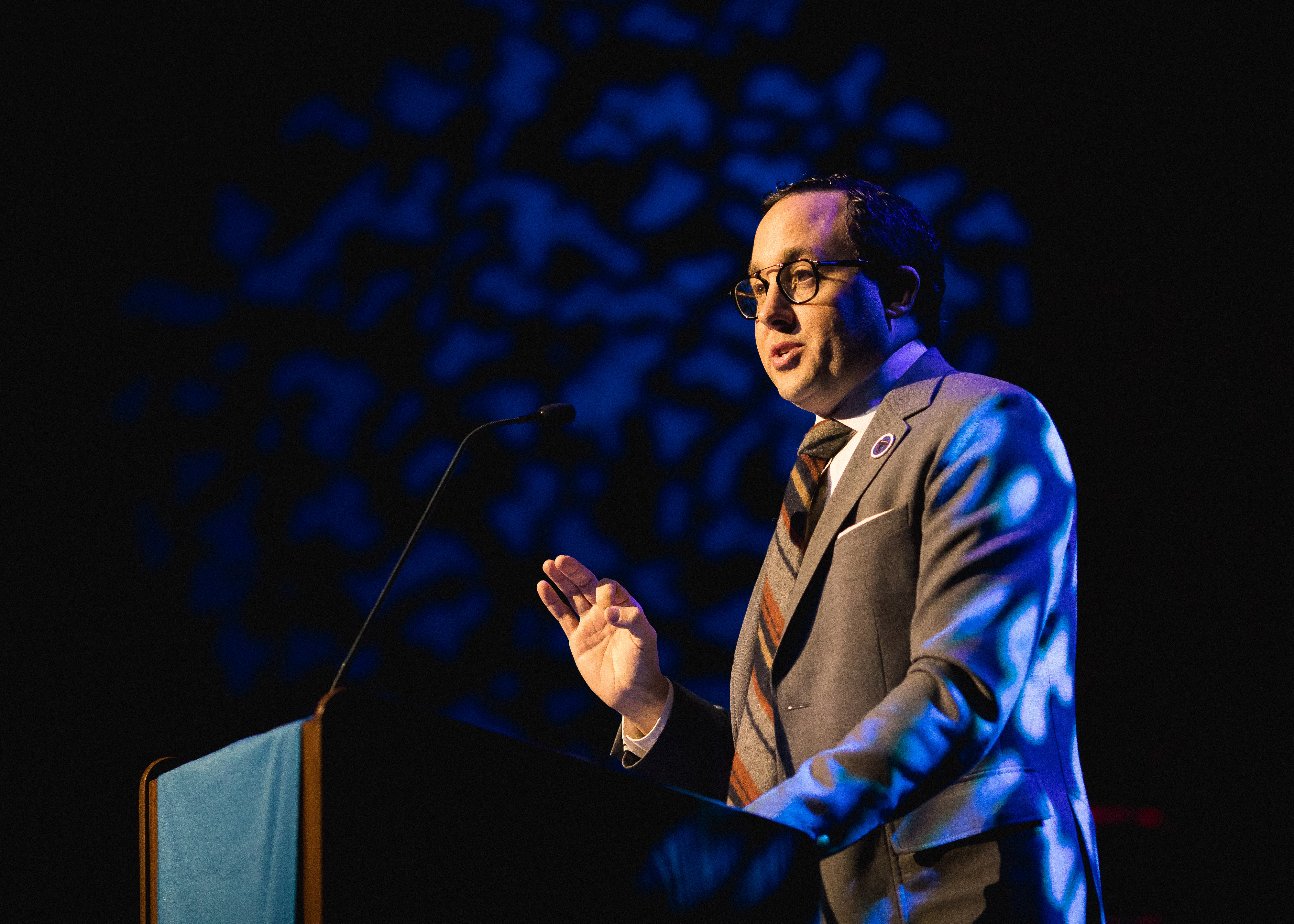 MFA Acting alumnus P.J. Byrne discussing the importance of the arts for the audience.